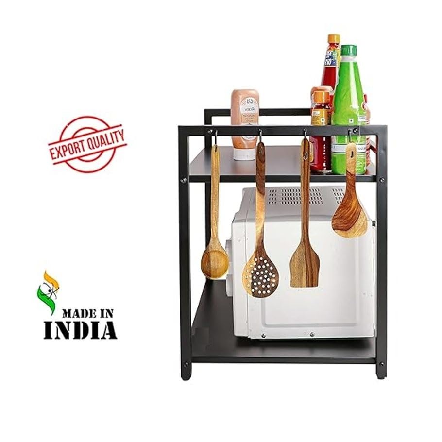 GREEN TOUCH Premium Two-Shelf Oven Stand with 8 Hooks: Stylish, Sturdy, and Space-Saving Kitchen Organizer with 360 Wheels and Powder-Coated Finish