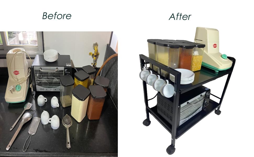 Green Touch Premium Two-Shelf Oven Stand with 8 Hooks: Stylish, Sturdy, and Space-Saving Kitchen Organizer with 360 Wheels and Powder-Coated Finish