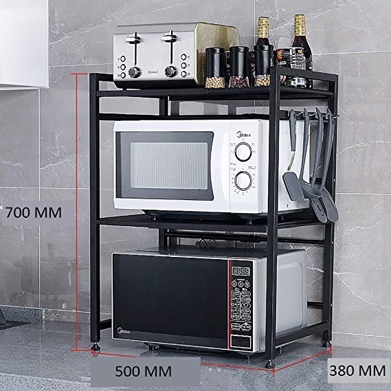 Green Touch 3-Tier Mild Steel Microwave Oven Stand/Kitchen Storage Shelf/Kitchen Storage Rack for Kitchen with Height Adjustable Platforms with Hooks
