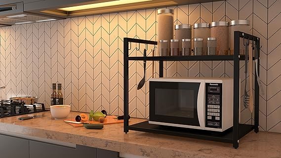 GREEN TOUCH Premium Two-Shelf Oven Stand with 8 Hooks: Stylish, Sturdy, and Space-Saving Kitchen Organizer with 360 Wheels and Powder-Coated Finish
