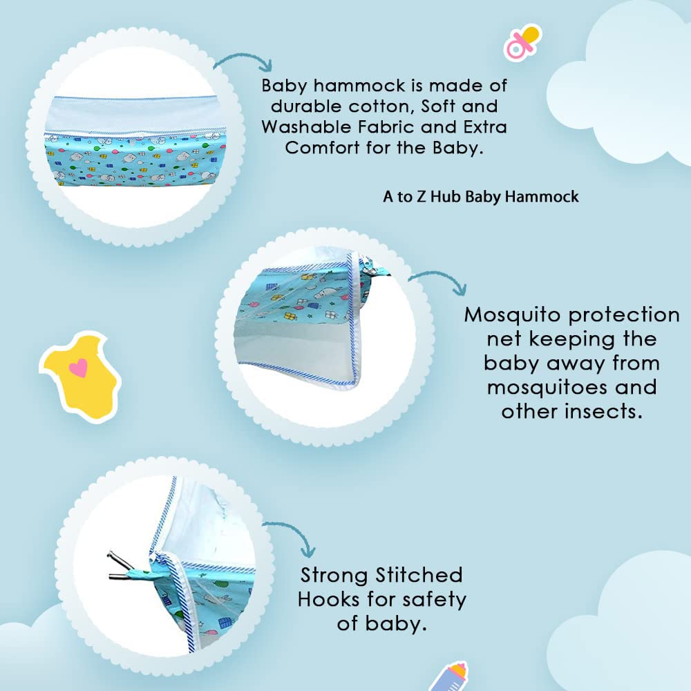 Green Touch Baby Hammock Ghodiyu/Khoyu Soft Cotton Cloth Swing Cradle Safety with Mosquito Net Cover with Zippe (Blue)