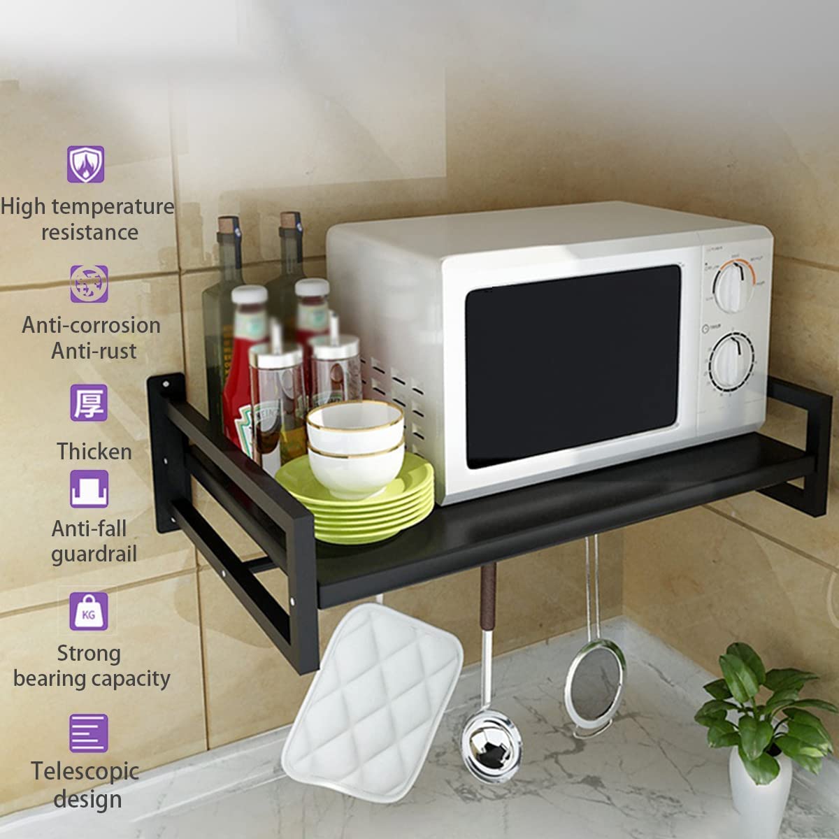 GREEN TOUCH Multipurpose Wall Mounted 4 Hook Decorative and Kitchen Organize Stororage/Microwave Oven Stand for Kitchen,Oven Holder Rack,