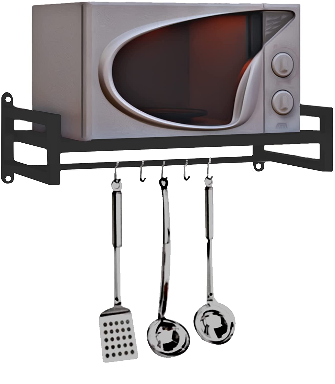 Green Touch Wall Mount Microwave Oven Rack - Metal Holder Storage Stand - Cooker Utensils Dish Shelf Organizer with Hooks for Home & Kitchen Appliances