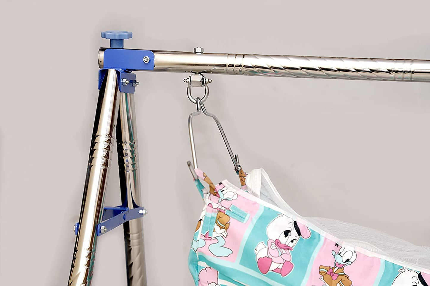 Geen Touch Baby Boy's and Girl's Portable Folding Swing Cradle/ghodiyu/parna/jhula, with Free Baby Cotton Hammock. (Regular Folding Round Pipe (Blue))