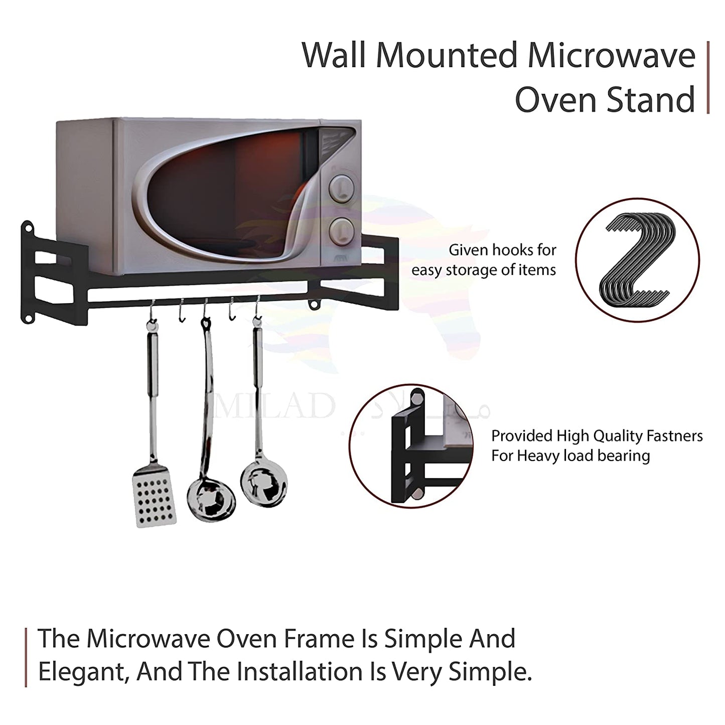 Green Touch Wall Mount Microwave Oven Rack - Metal Holder Storage Stand - Cooker Utensils Dish Shelf Organizer with Hooks for Home & Kitchen Appliances