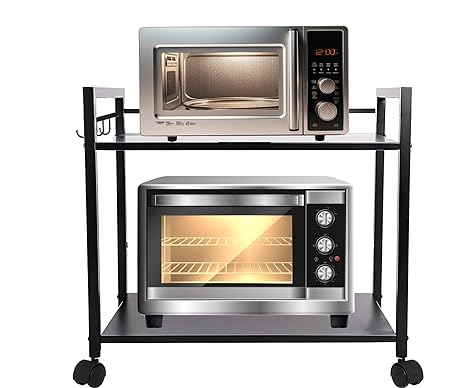 Green Touch Premium Two-Shelf Oven Stand with 8 Hooks: Stylish, Sturdy, and Space-Saving Kitchen Organizer with 360 Wheels and Powder-Coated Finish