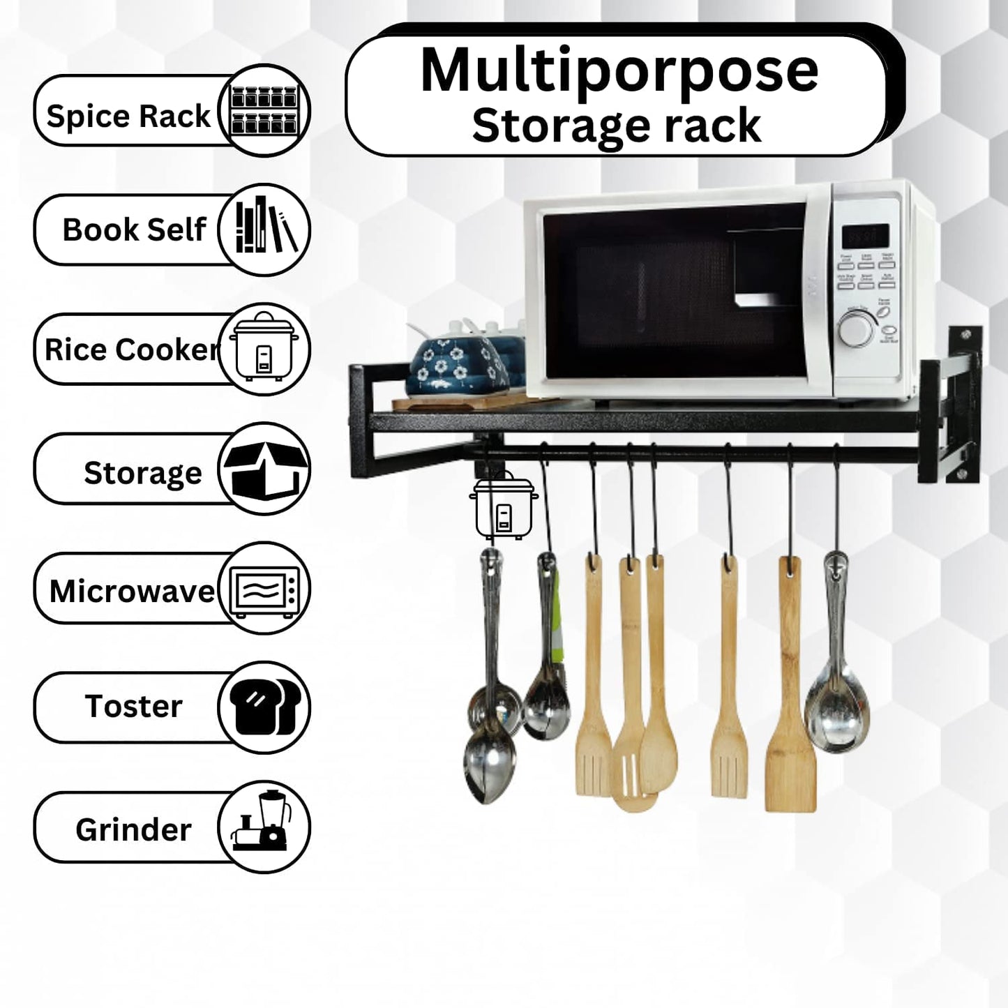 GREEN TOUCH Multipurpose Wall Mounted 4 Hook Decorative and Kitchen Organize Stororage/Microwave Oven Stand for Kitchen,Oven Holder Rack,