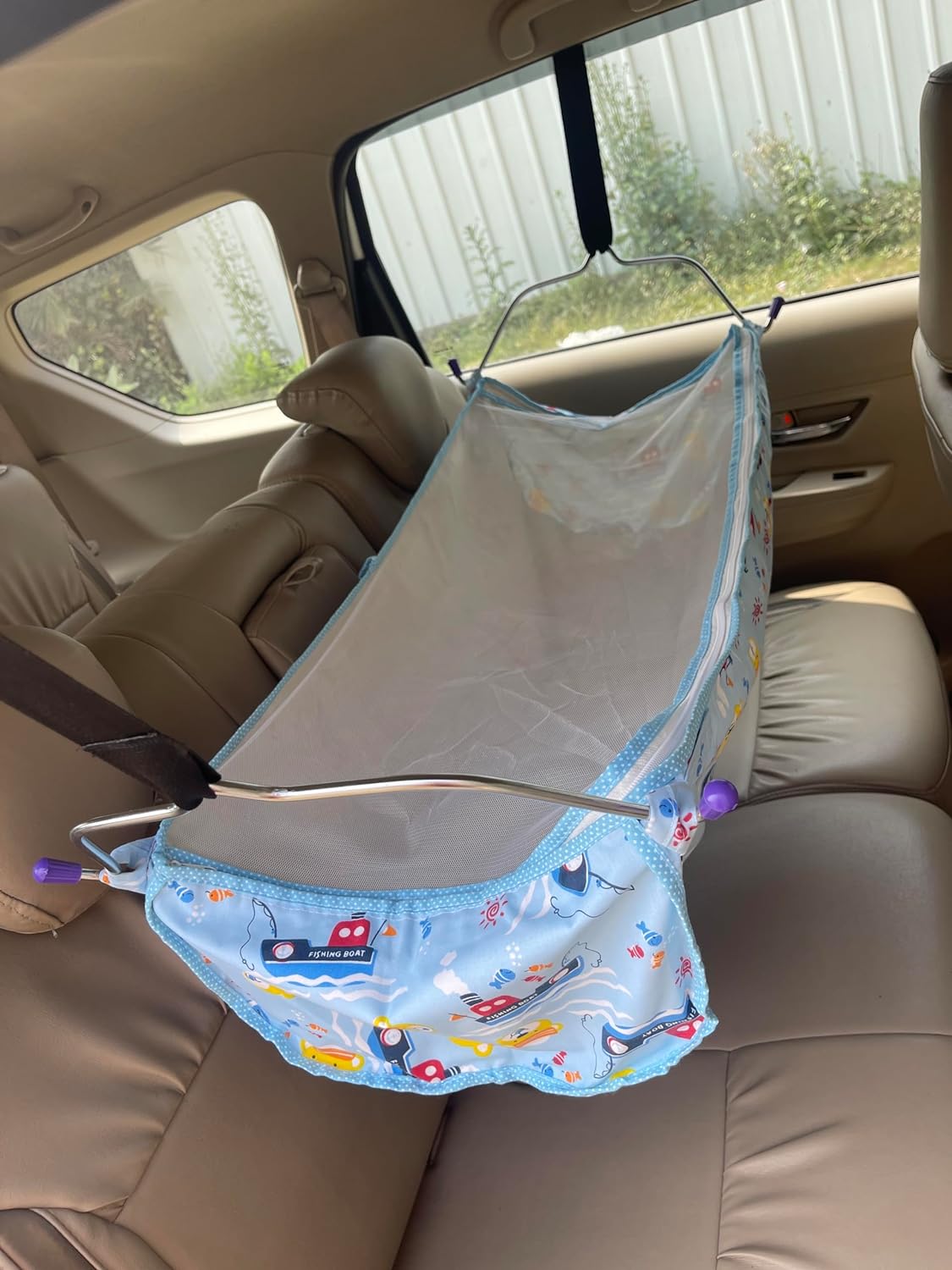 Green Touch Cotton Car Cradle Hammock With Mosquito Net For 0 To 3 Year Baby | Portable With Adjustble Belt, Hammock Cloth, Hangers, Blue