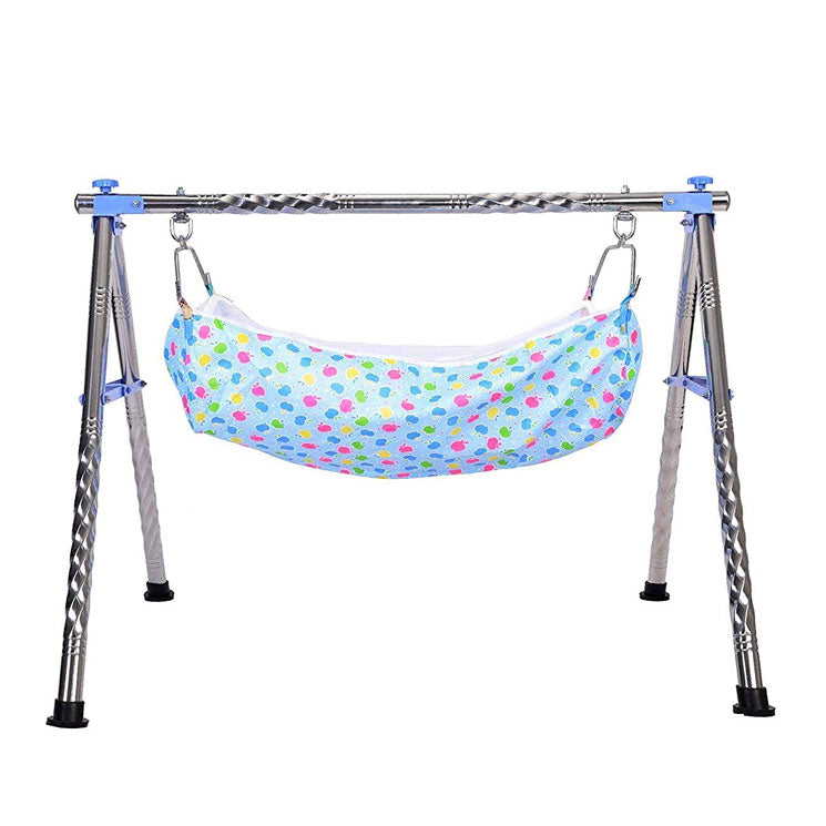 Geen Touch Baby Boy's and Girl's Portable Folding Swing Cradle/ghodiyu/parna/jhula, with Free Baby Cotton Hammock. (Regular Folding Round Pipe (Blue))