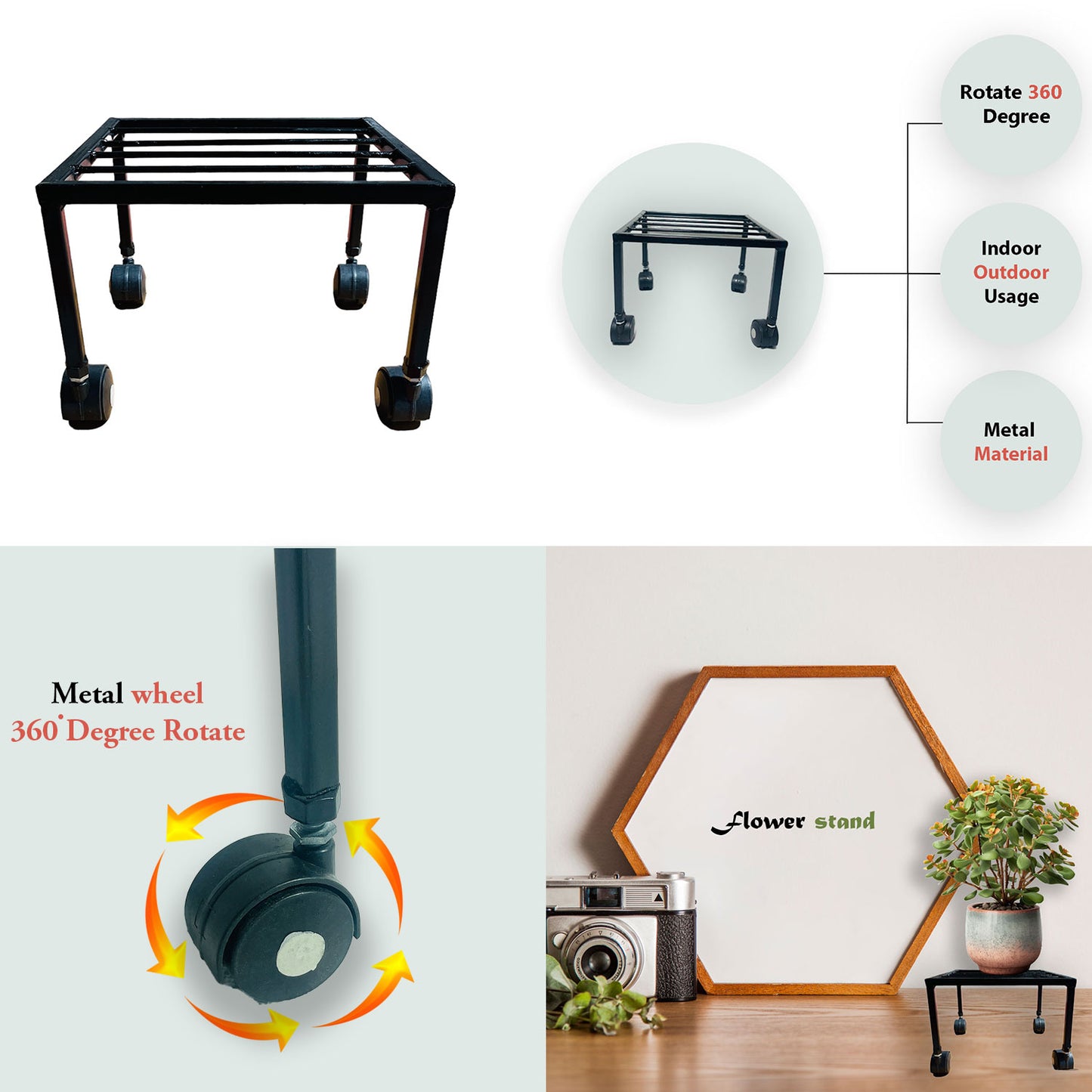 "Heavy Duty Plant Stand with Wheels: Sturdy Iron Construction, 90kg Capacity"
