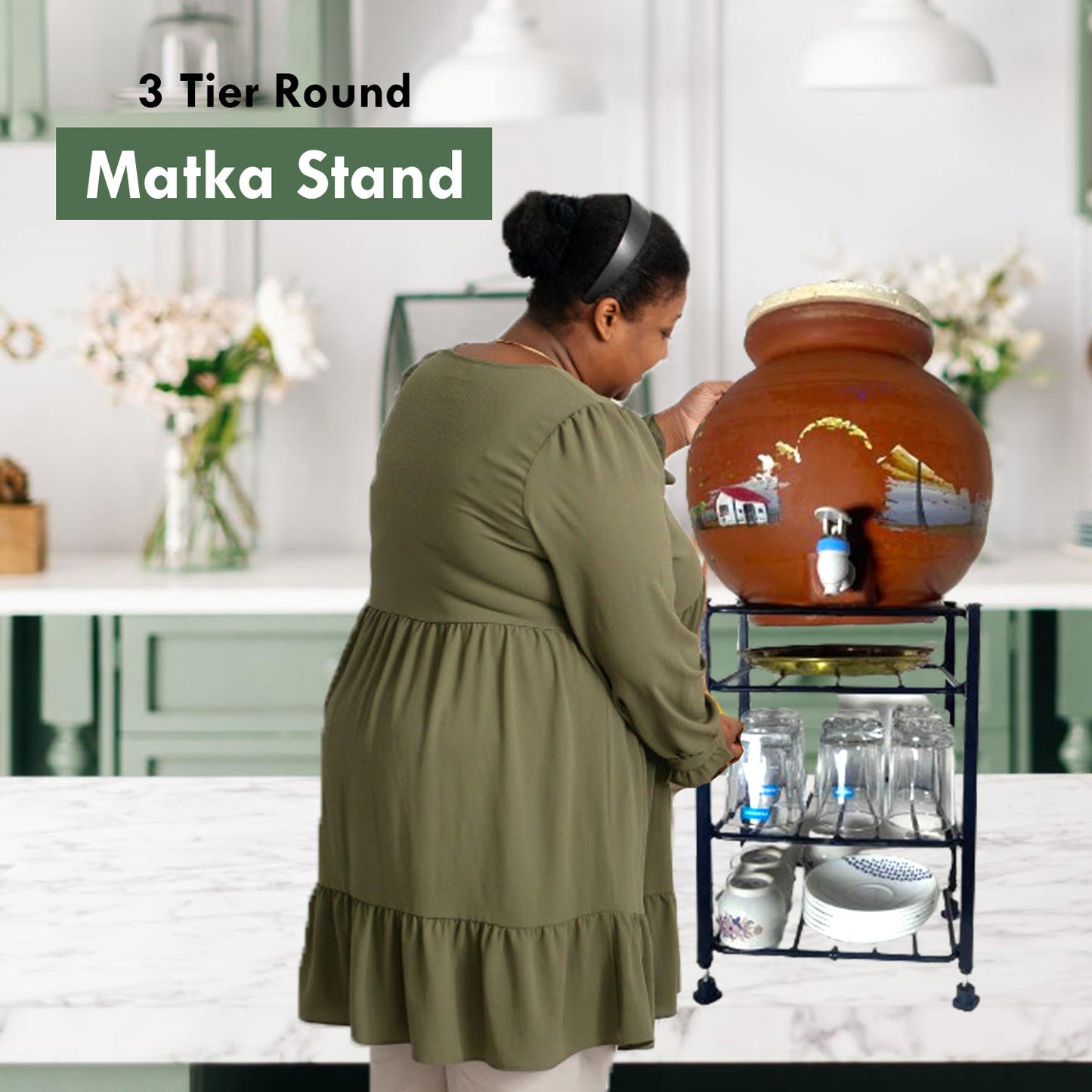 Green Touch Countertop 4-Tiered Shelf Water Round Mataka Pot Stand Rack: Cup, Glass, Dish With Adjustable Bush