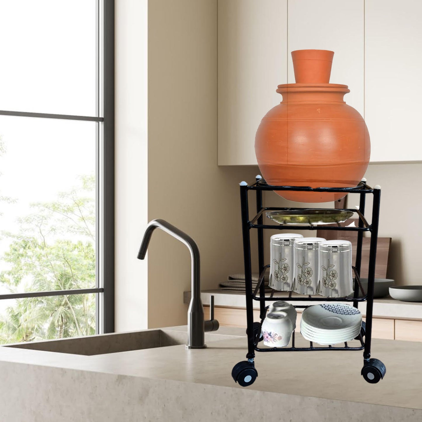 Heavy-Duty Multipurpose Matka Stand with Wheels,Matka stand for water pot Iron Kitchen Trolley (Pre-assembled)