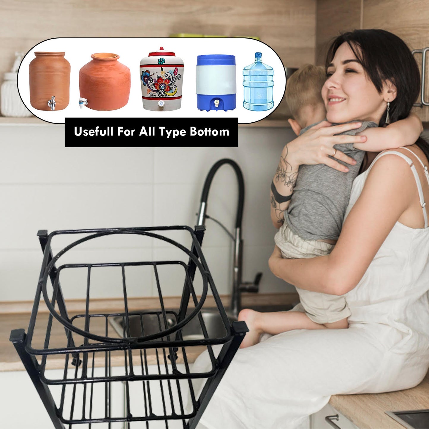 Green Touch Countertop 4-Tiered Shelf Water Round Mataka Pot Stand Rack: Cup, Glass, Dish With Adjustable Bush