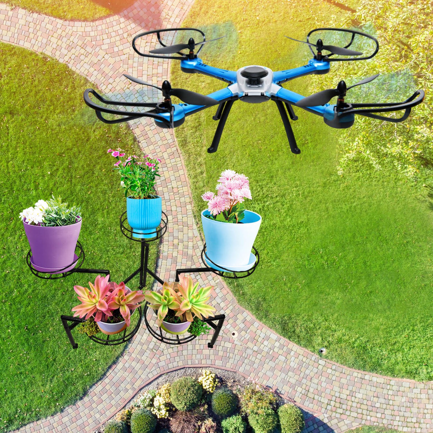 Adjustable Drone-Style Plant Stand – Innovative 5-in-1 Movable Shelf Design for Indoor & Outdoor Use (Corner & Free-Standing)