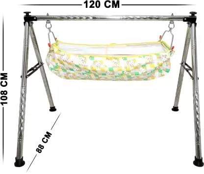 Green Touch Baby Stainless Steel Baby Cradle/ghodiyu/Swing/jhula with Wooden Haning Rattle Toy and Cotton Cloth Hammock (Model 1)