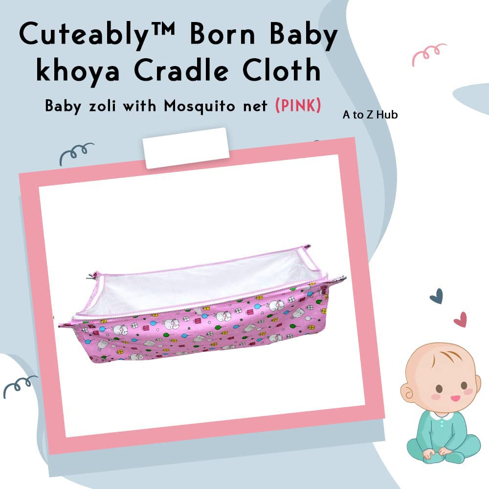Green Touch  Baby Hammock Ghodiyu/Khoyu Soft Cotton Cloth Swing Cradle Safety with Mosquito Net Cover with Zippe (Pink)