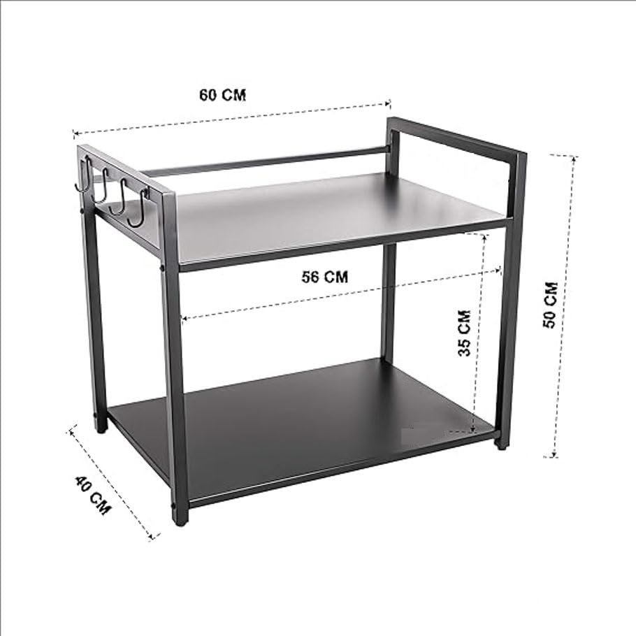 GREEN TOUCH  Premium Two-Shelf Oven Stand with 8 Hooks: Stylish, Sturdy, and Space-Saving Kitchen Organizer with 360 Wheels and Powder-Coated Finish