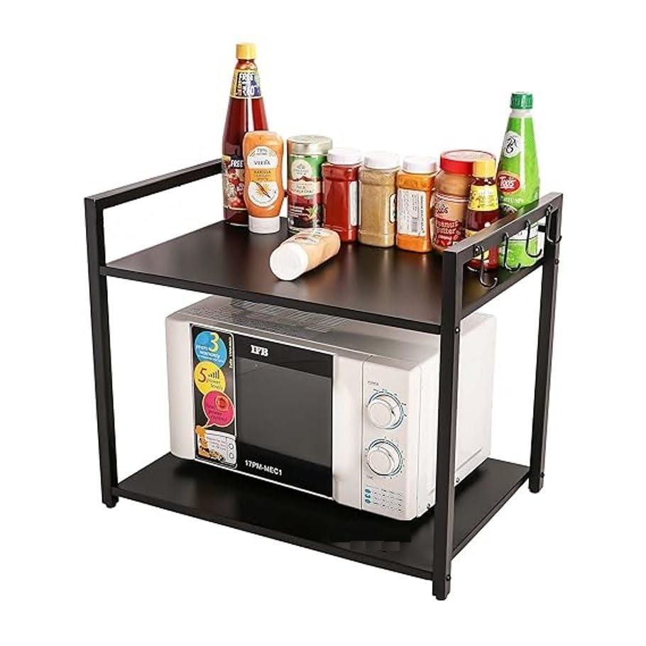 GREEN TOUCH  Premium Two-Shelf Oven Stand with 8 Hooks: Stylish, Sturdy, and Space-Saving Kitchen Organizer with 360 Wheels and Powder-Coated Finish