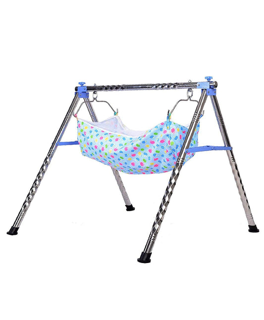 Geen Touch Baby Boy's and Girl's Portable Folding Swing Cradle/ghodiyu/parna/jhula, with Free Baby Cotton Hammock. (Regular Folding Round Pipe (Blue))