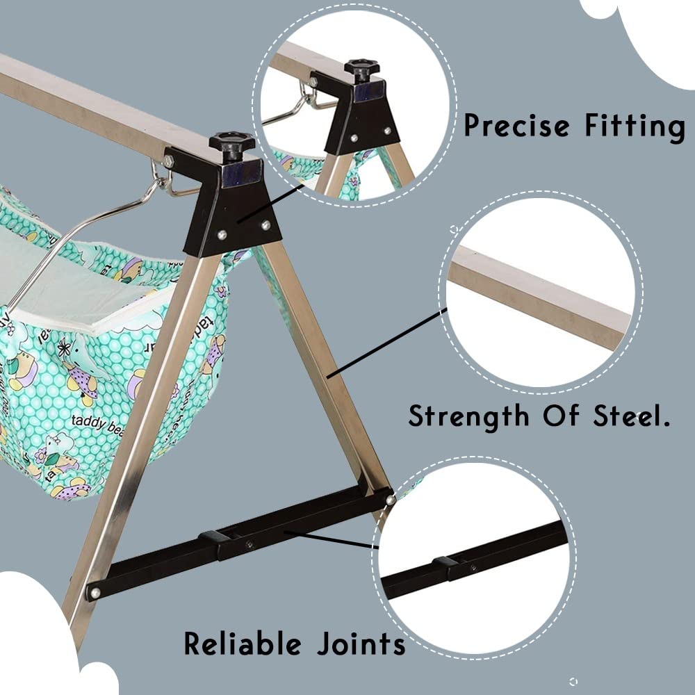 Green Touch Baby Boy's and Girl's Portable Folding Swing Cradle,Ghodiyu/Parna/Baby jhula/Kids Jhula with Indian Style Hammock. Stainless Steel, Silver