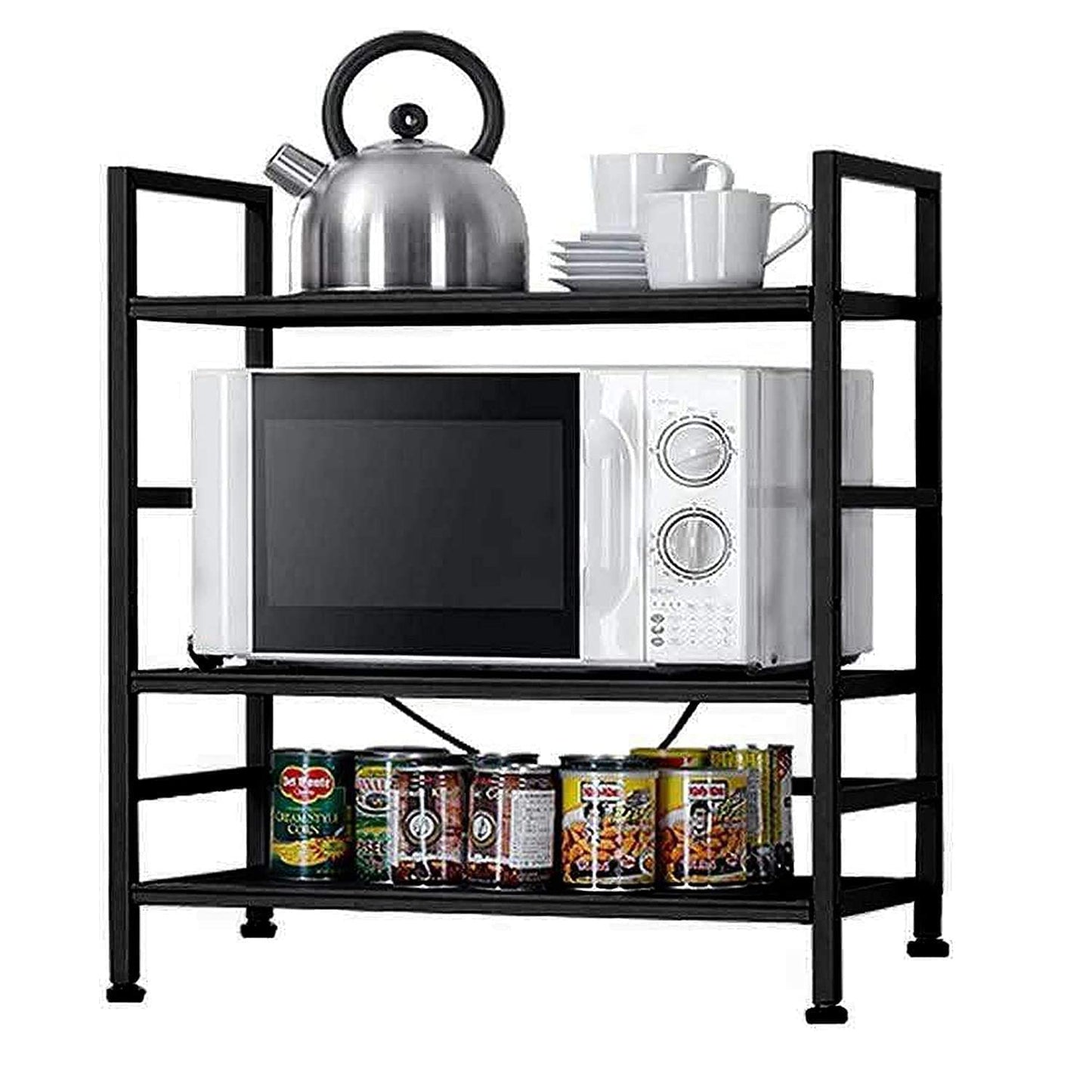 Green Touch 3-Tier Mild Steel Microwave Oven Stand/Kitchen Storage Shelf/Kitchen Storage Rack for Kitchen with Height Adjustable Platforms with Hooks
