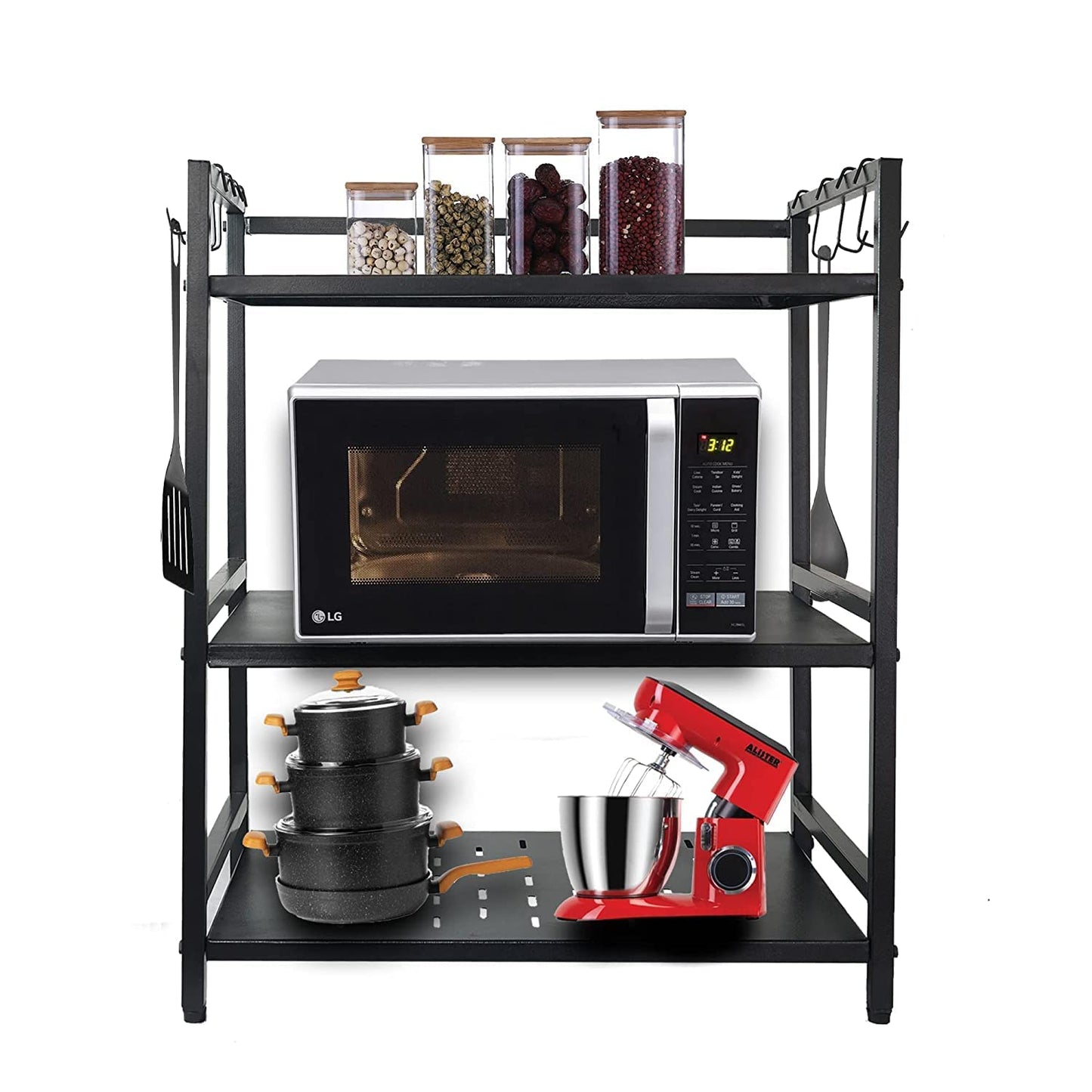 Green Touch 3-Tier Mild Steel Microwave Oven Stand/Kitchen Storage Shelf/Kitchen Storage Rack for Kitchen with Height Adjustable Platforms with Hooks