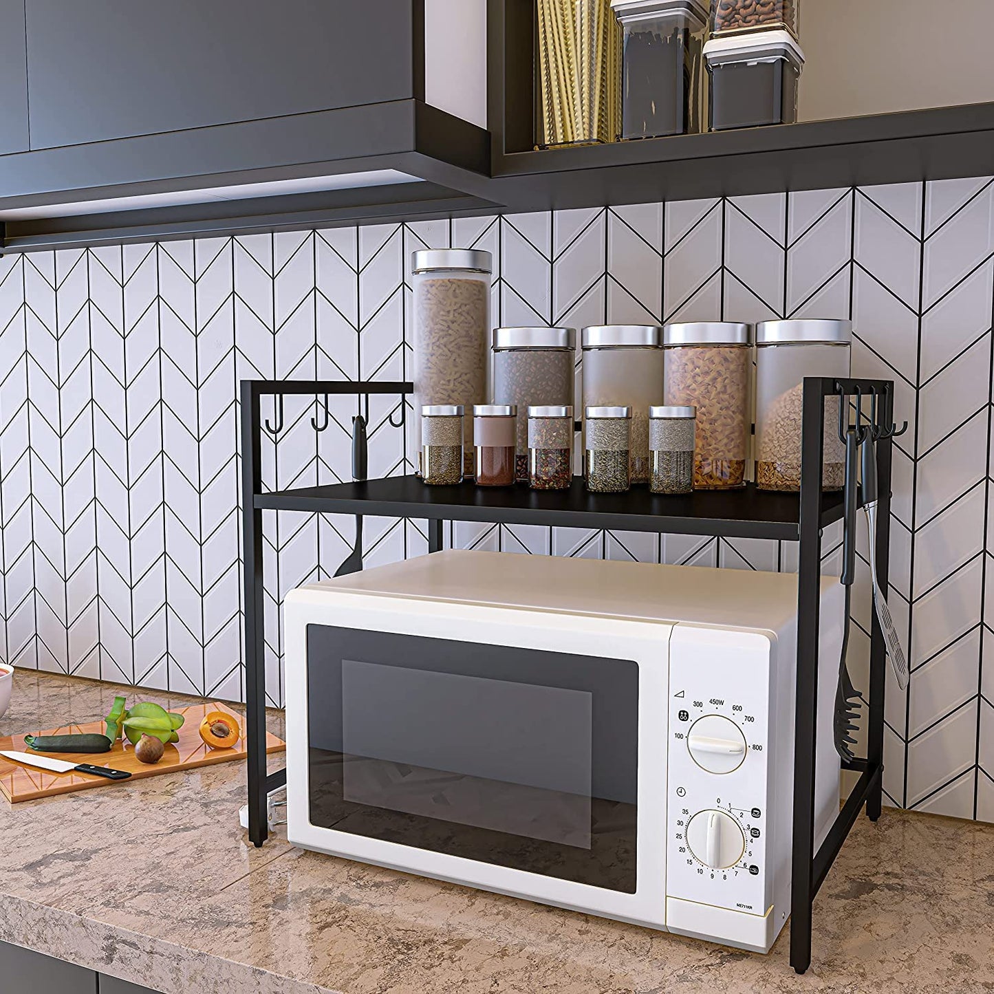 GREEN TOUCH Multipurpose Decorative and Kitchen Organizer Microwave Oven Stand with 8 Hook for Kitchen,Oven Holder Rack,Oven Stand for Kitchen,Kitchen Platform top Oven Stand (Single Tier Oven)