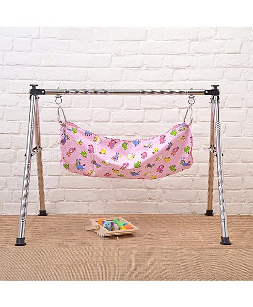 Green Touch Baby Stainless Steel Baby Cradle/ghodiyu/Swing/jhula with Wooden Haning Rattle Toy and Cotton Cloth Hammock (Model 1)
