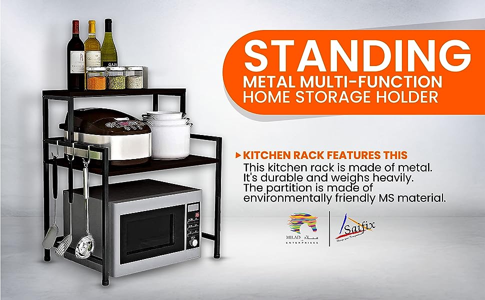 Green Touch "Multi-Purpose 3-Tier Kitchen Stand: Microwave, OTG, Spice Rack, Mixer with 8-Hook Storage