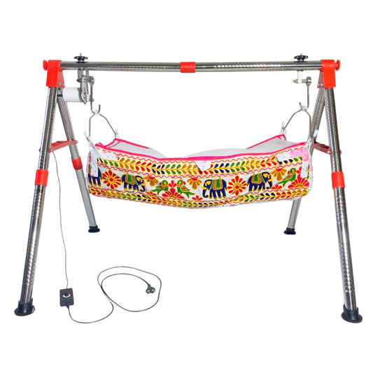Green Touch Automatic Cradle for Baby | Swing Cradle | ghodiyu | Adjustable Speed | Automatic Jhula for Baby Boy and Girl of 0 to 3 Years | Jhula/Thothil/Palna for Baby with Embrodried Cloth Hammock