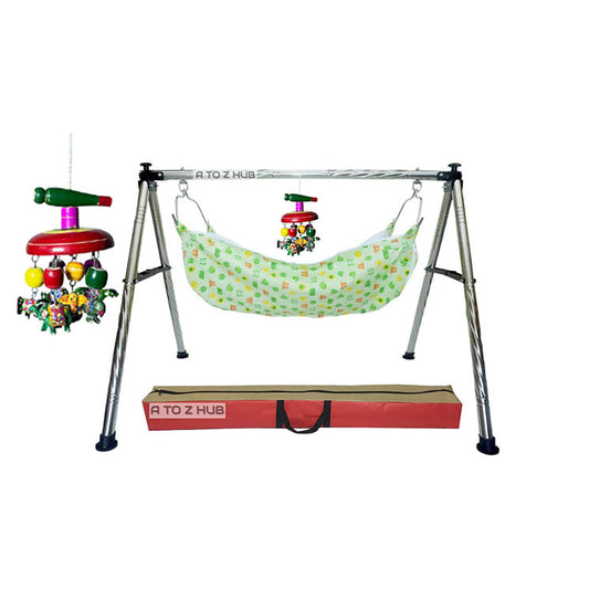 Green Touch Baby Stainless Steel Baby Cradle/ghodiyu/Swing/jhula with Wooden Haning Rattle Toy and Cotton Cloth Hammock (Model 1)