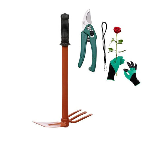 Green Touch  Pack of 3 Home Gardening Tools Items Combo, Two in 1 Hoe with 3 Prong,Cutter,Gloves clawns Garden Tool Kit,Digging Tools for Soil Hand,Plant Gardening Tool,Gardening kit(Combo tools11)
