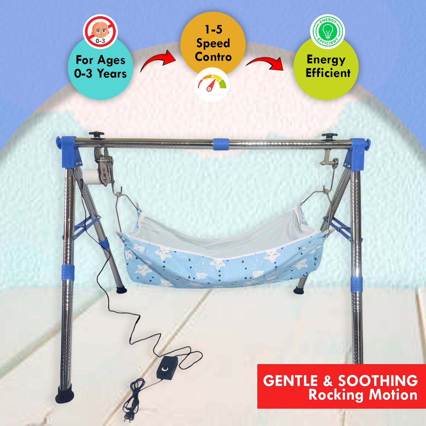 Green Touch Super Folding Nri Blue Automatic Baby Cradle/Ghodiyu| Swing Cradle/Adjustable Speed | Automatic Jhula for Baby Boy and Girl of 0 to 3 Years | Automatic Cradle/Jhula/Palna