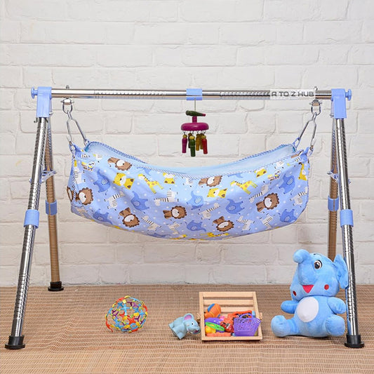 Green Touch Baby Boy's and Girl's Portable Folding Swing Cradle/ghodiyu/parna/jhula, with Free Baby Cotton Hammock. (Super Folding Nri (Blue))