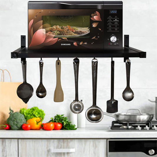 Green Touch Multipurpose Wall Mount Microwave Oven Rack - Metal Holder Storage Stand - Cooker Utensils Dish Shelf Organizer with Hooks for Home & Kitchen Appliances