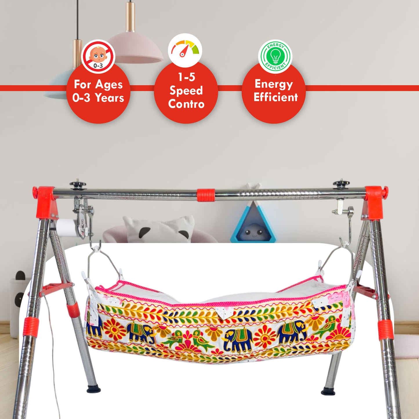 Green Touch Automatic Cradle for Baby | Swing Cradle | ghodiyu | Adjustable Speed | Automatic Jhula for Baby Boy and Girl of 0 to 3 Years | Jhula/Thothil/Palna for Baby with Embrodried Cloth Hammock