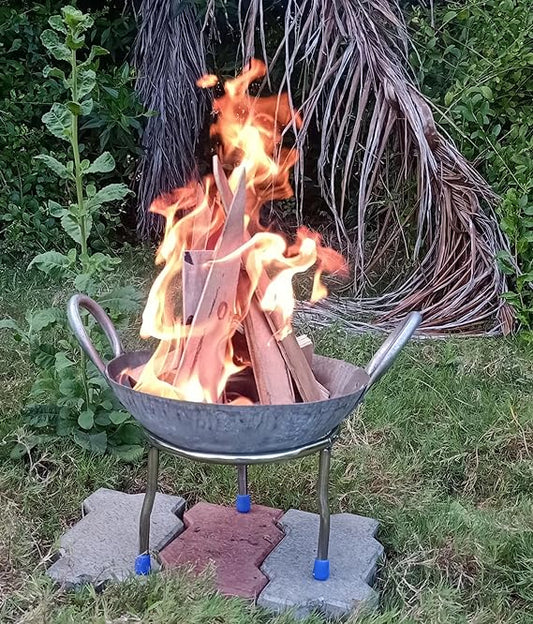 Green Touch  Bonfire Pit for Outdoor Campfire Bowl for Garden Use, Outdoor Camping Barbeque Making with Round SS Stand,Wooden Fire,Heavy-Duty Portable Fire Pit/Bonfir,for Terrace/Balcony