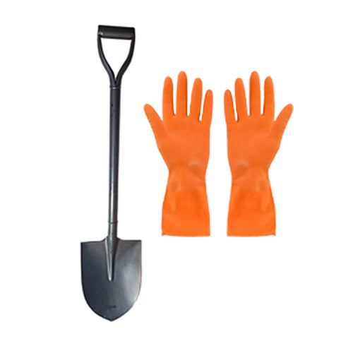 "Gardening Set: Silver Shovel and Orange Protective Gloves"