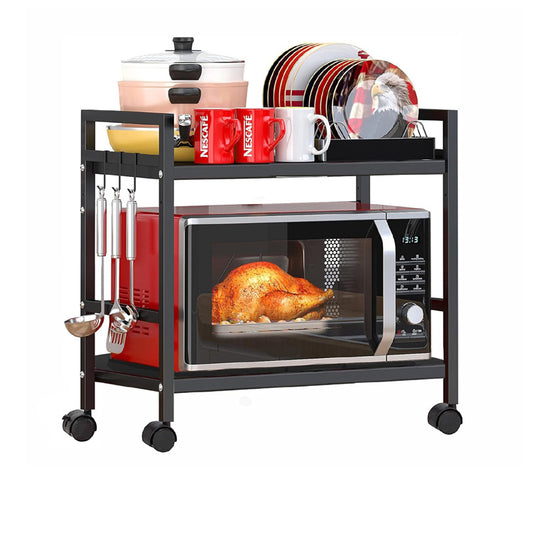 Green Touch  Premium Two-Shelf Oven Stand with 8 Hooks: Stylish, Sturdy, and Space-Saving Kitchen Organizer with 360 Wheels and Powder-Coated Finish