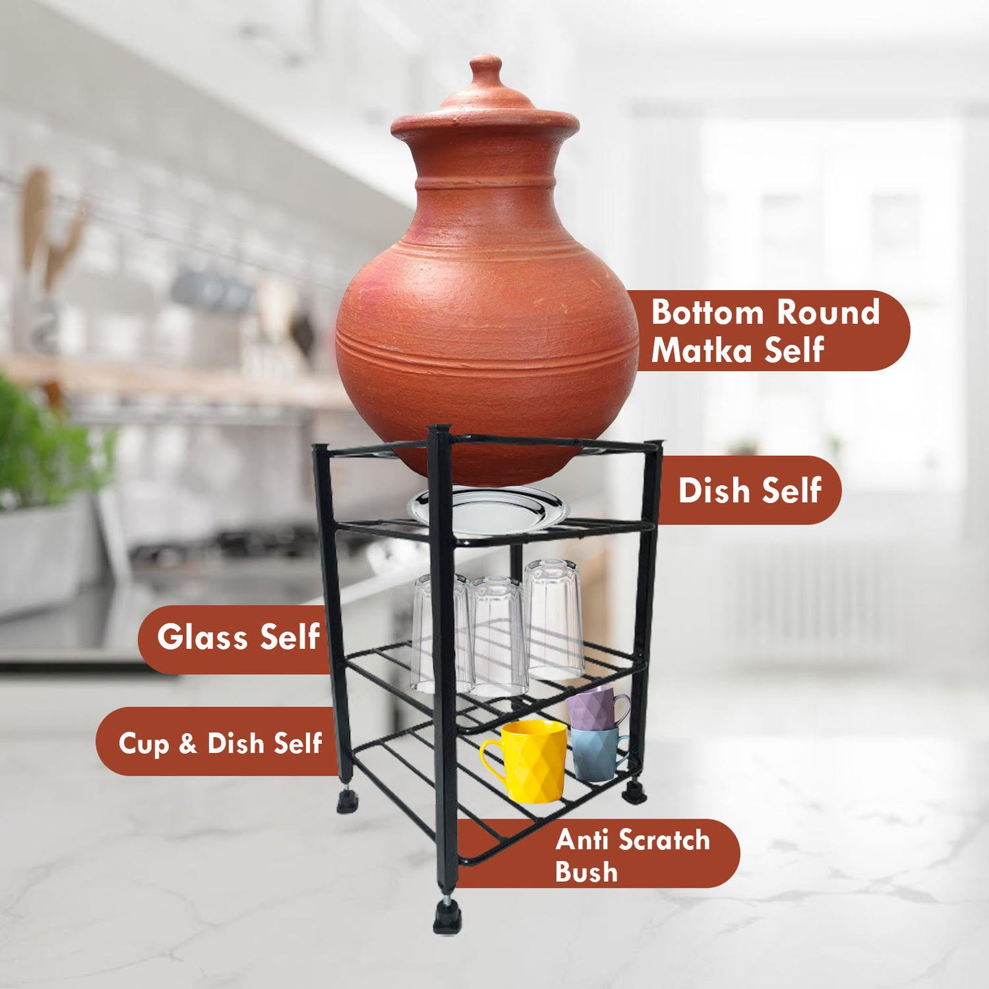 Green Touch Countertop 4-Tiered Shelf Water Round Mataka Pot Stand Rack: Cup, Glass, Dish With Adjustable Bush