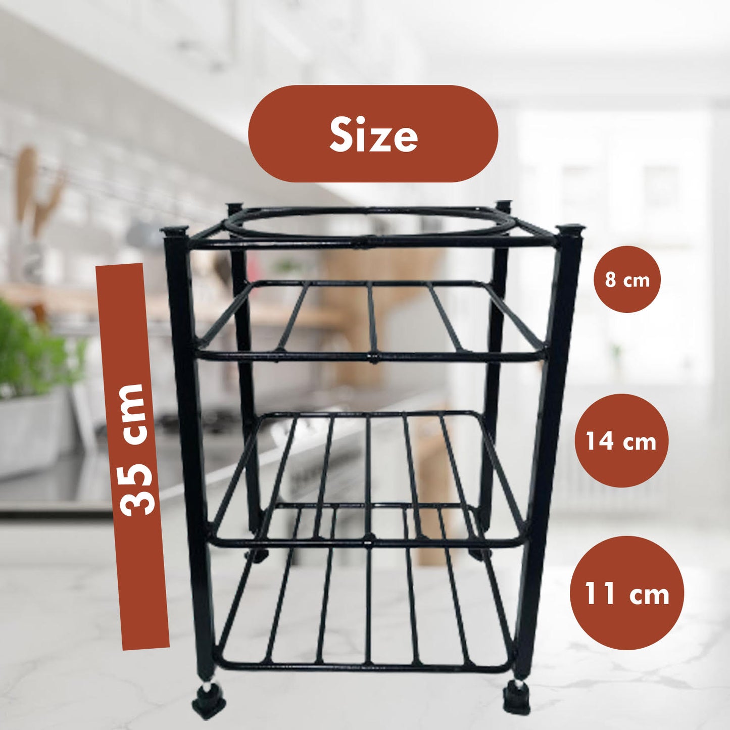 Green Touch Countertop 4-Tiered Shelf Water Round Mataka Pot Stand Rack: Cup, Glass, Dish With Adjustable Bush