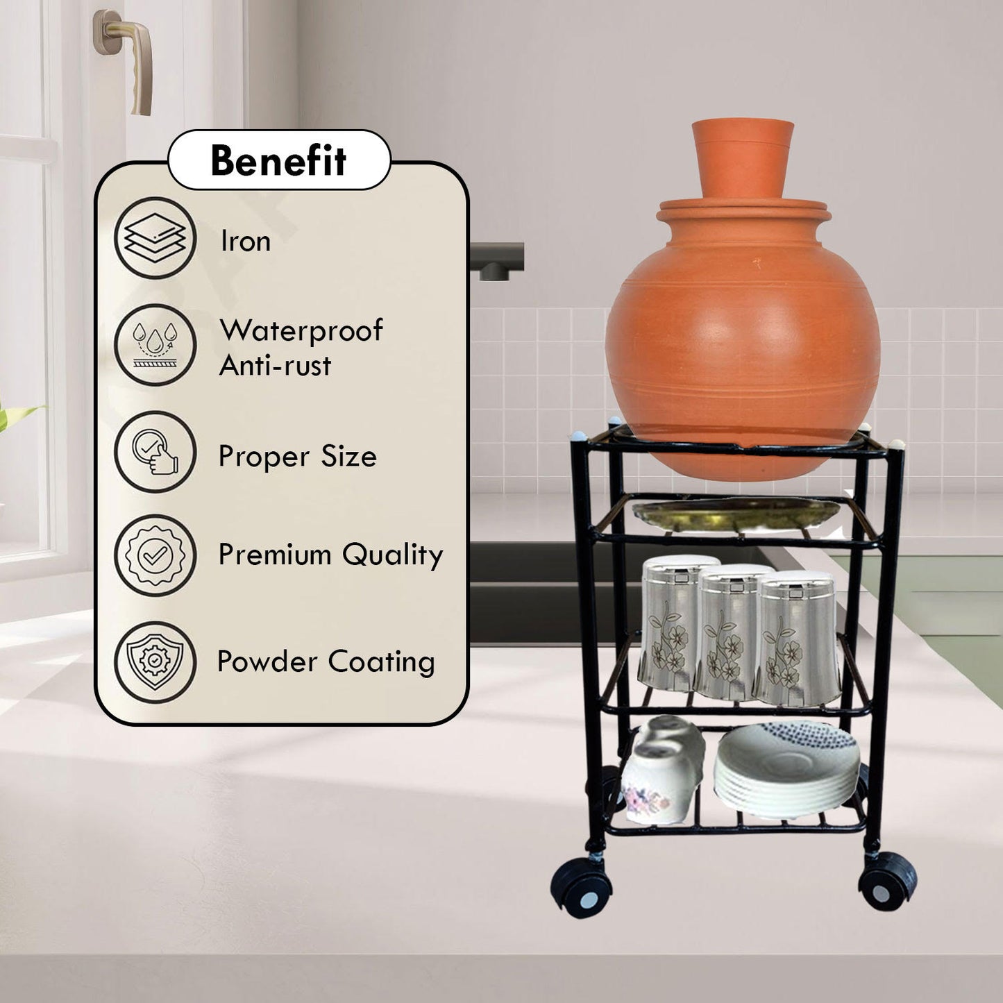 Heavy-Duty Multipurpose Matka Stand with Wheels,Matka stand for water pot Iron Kitchen Trolley  (Pre-assembled)